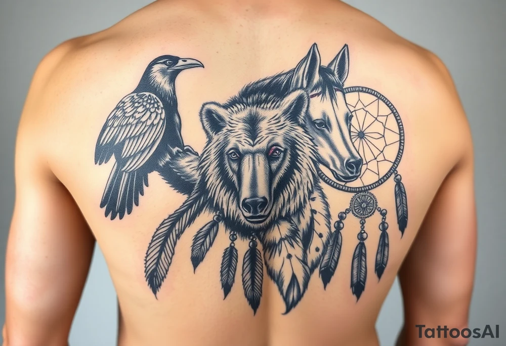 Native American 3/4 arm sleeve with black and grey realism featuring a raven, wild horses, a grizzly with scars over his eyes, and a dream catcher tattoo idea