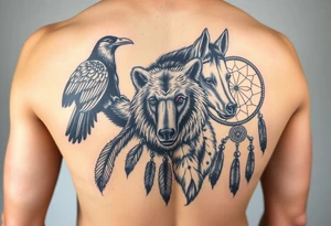 Native American 3/4 arm sleeve with black and grey realism featuring a raven, wild horses, a grizzly with scars over his eyes, and a dream catcher tattoo idea