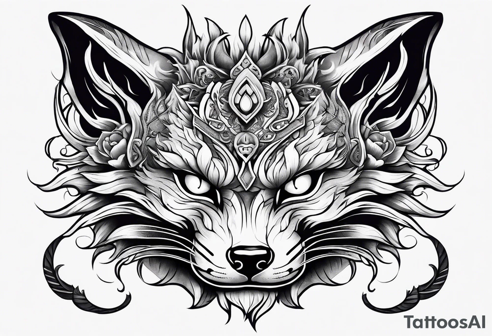 Split kitsune and oni mask head tattoo idea