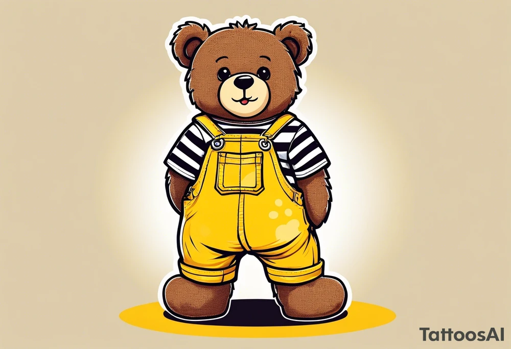 image of the back of a light brown teddy bear standing in yellow overalls, white tank top, striped boots and holding his left arm up tattoo idea