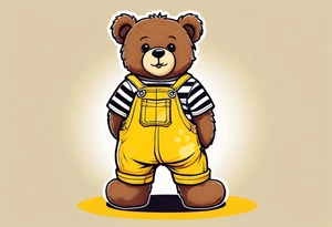 image of the back of a light brown teddy bear standing in yellow overalls, white tank top, striped boots and holding his left arm up tattoo idea