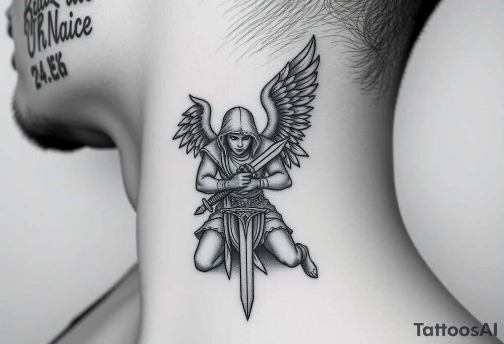 Kneeling warrior angel with a sword and shield tattoo idea