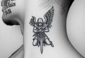 Kneeling warrior angel with a sword and shield tattoo idea