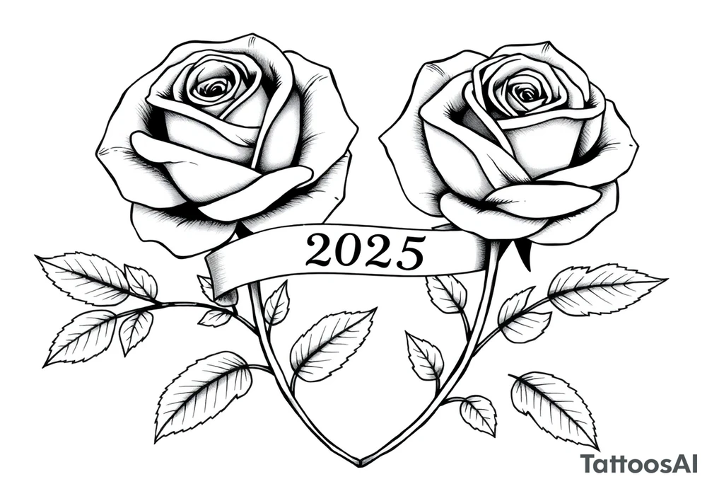 two beautiful large rose buds, one larger than the other, with many leaves next to the rose buds, with one sitting higher than the other. Include a banner connecting the two roses with the year "2025" on it.   Use dark outlines with little shading. The two stems should be short, not long, and connect and join into one stem, whimsically curved or twisted - not straight down. tattoo idea