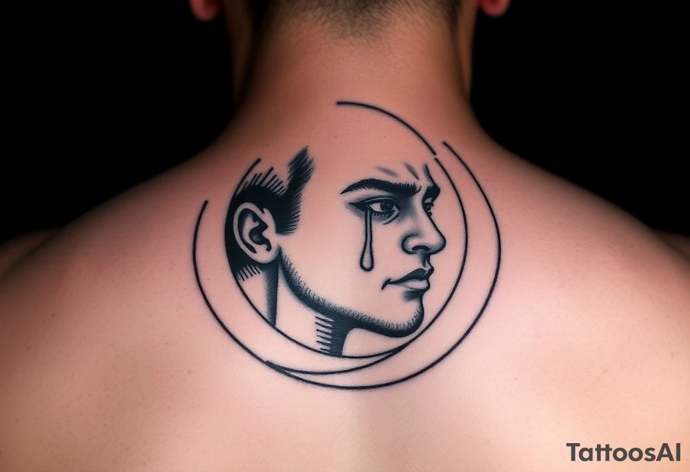 Man’s face in a crescent moon, crying, micro realism, not too dark, black and grey tattoo idea