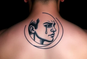 Man’s face in a crescent moon, crying, micro realism, not too dark, black and grey tattoo idea