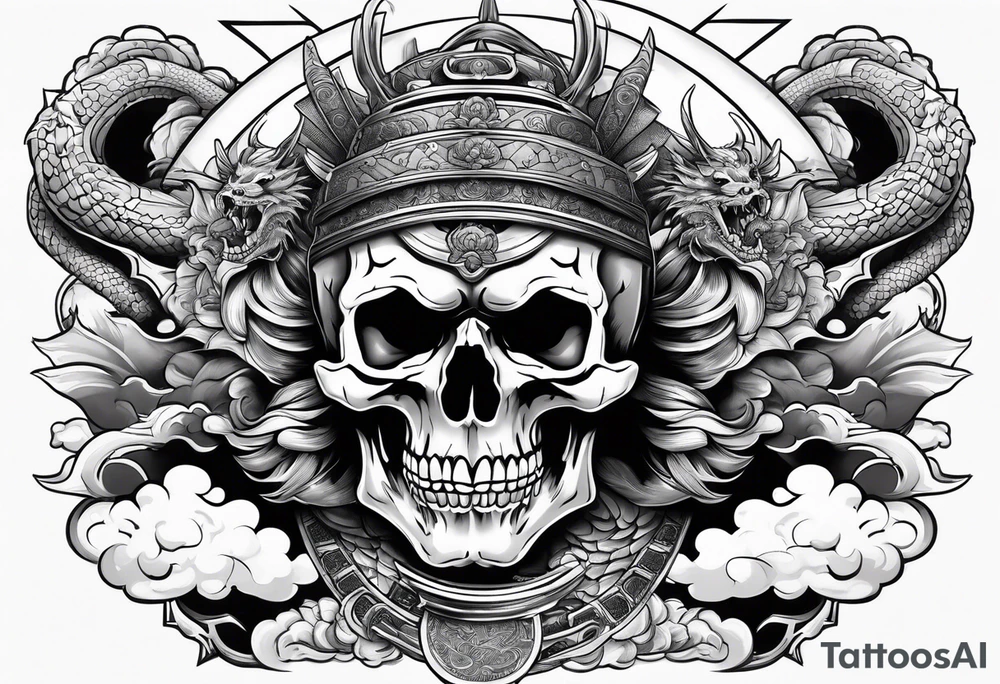 Powerful Majestic Samurai skull on top of dragon with clouds on boarder tattoo idea