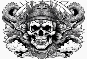Powerful Majestic Samurai skull on top of dragon with clouds on boarder tattoo idea