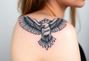 majestic eagle spreading wings against mountain peaks with name Genia in it tattoo idea