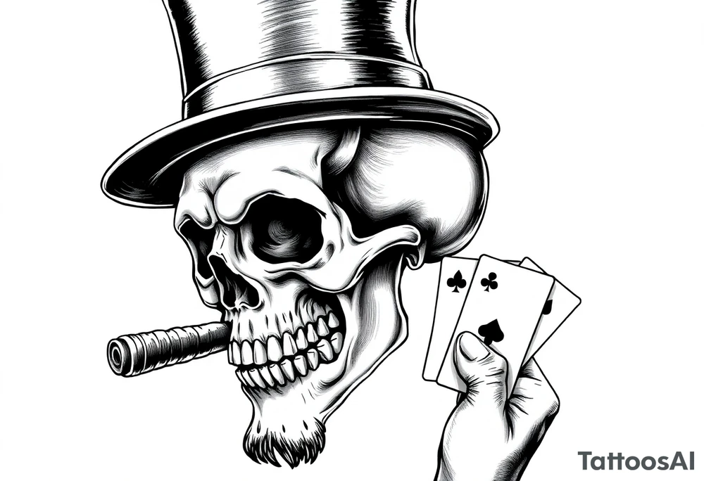 a skull with mustache, a big cigar in his mouth,top-hat on his head and playing cards in a hand. tattoo idea