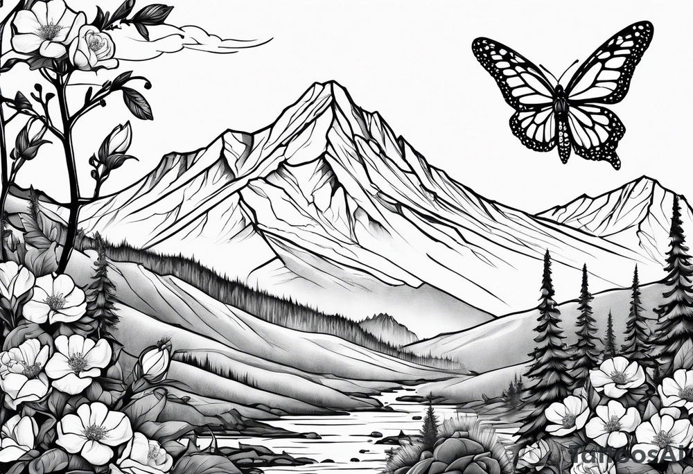 Rocky mountain peak with mountain blue birds and monarch butterflies with wild prairie roses for a half sleeve tattoo idea