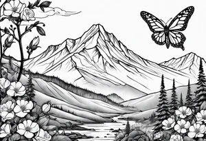Rocky mountain peak with mountain blue birds and monarch butterflies with wild prairie roses for a half sleeve tattoo idea