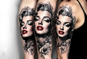 A filmstrip tattoo with several Marilyn Monroe expressions in black and grey with one red-lipped close-up. tattoo idea