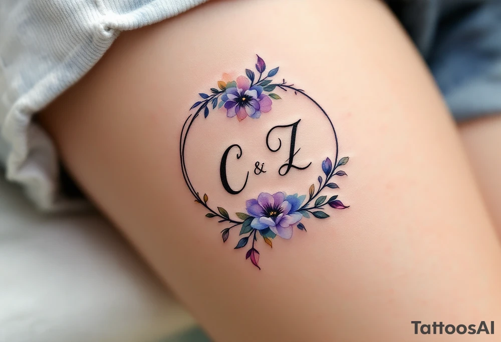 Create a delicate tattoo design that seamlessly integrates C and Z  in graceful, flowing cursive. Enclose the names within a softly stylized symbol that embodies strength and unity . The overall design should evoke warmth and protection while remaining refined and understated tattoo idea