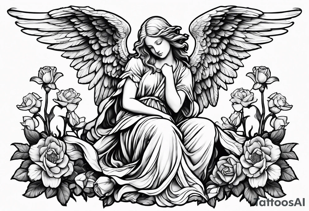 Angel statue stood on a rock with daffodils and roses wrapped around its legs tattoo idea