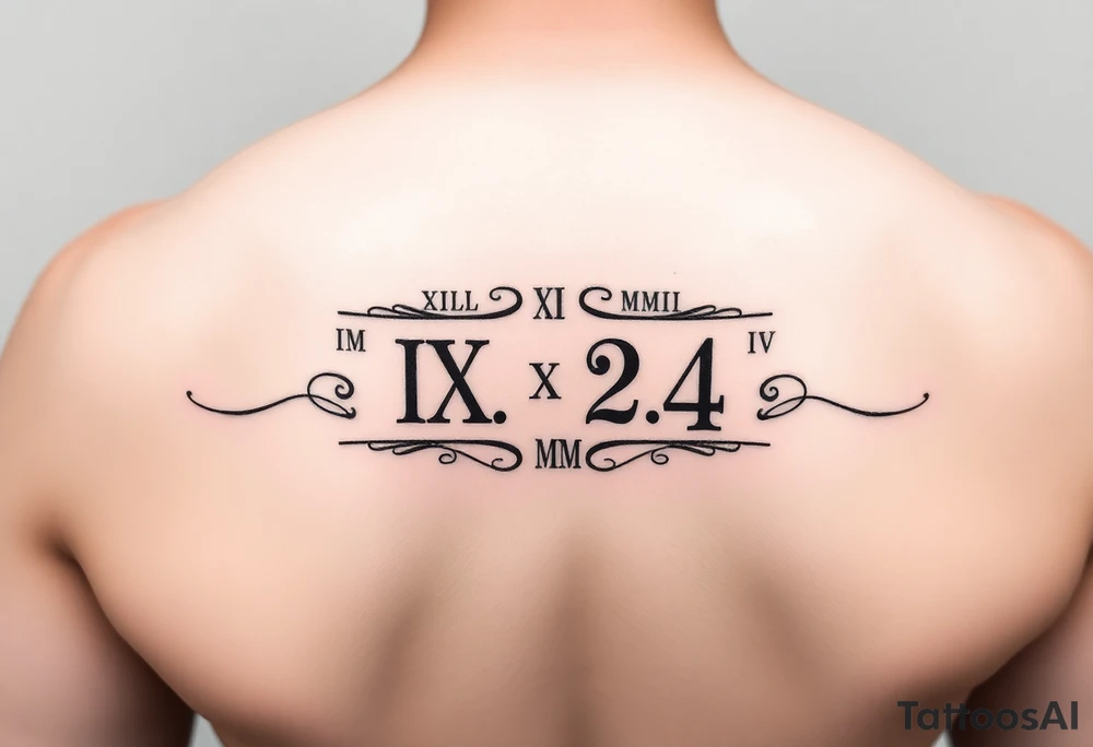 Create tattoo design with equal representation of both Roman numeral dates (IX.IX.MM and II.XXV.MMIII) in a balanced and symmetrical layout, along with the number 224. Let me know if you’d like any modifications! Inside the arm simpler tattoo idea