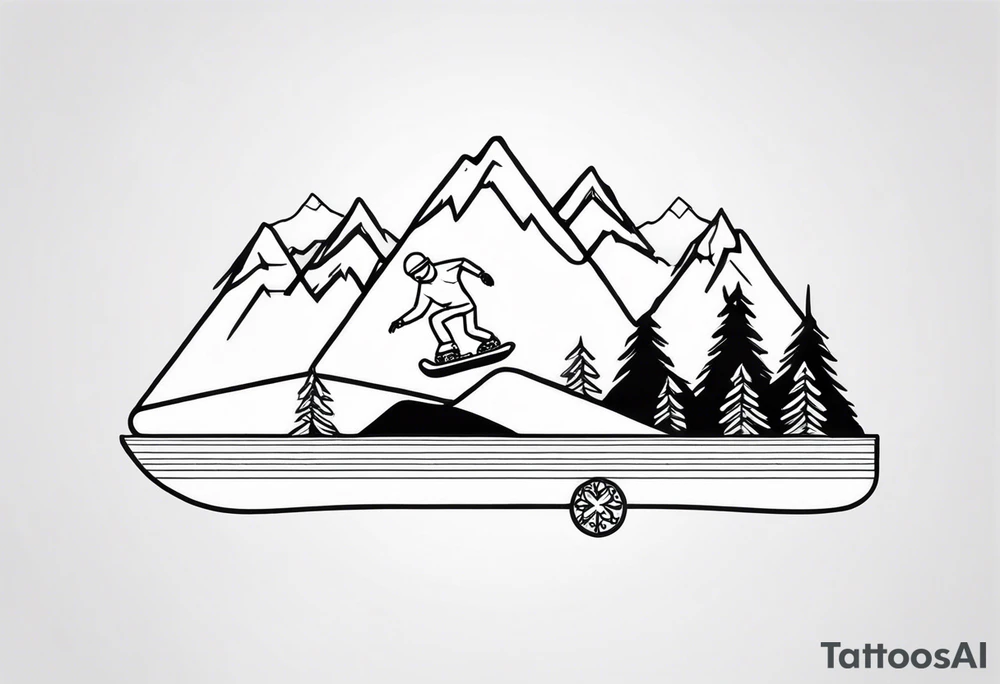 Small fine line tattoo of a snowboard with a snowflake and mountains in it tattoo idea