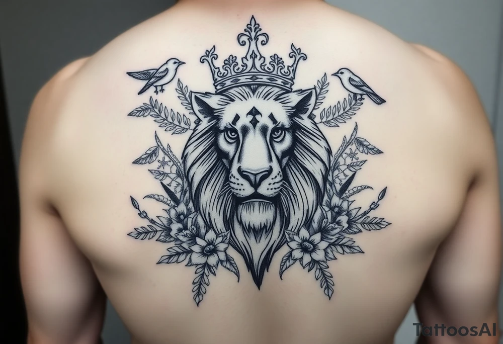 powerful majestic lion with a crown, surrounded by floral ornaments and birds tattoo idea