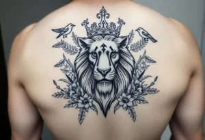 powerful majestic lion with a crown, surrounded by floral ornaments and birds tattoo idea