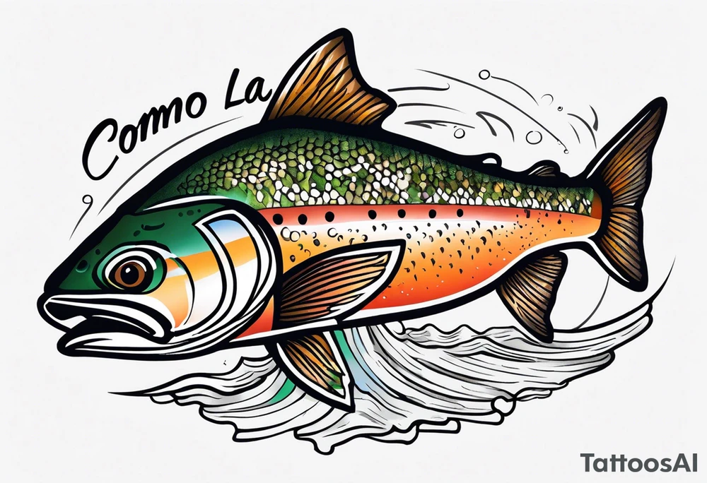 A small tattoo with a shaded trout and text that says, 'Como la trucha...' drawn with fine lines." tattoo idea
