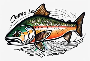 A small tattoo with a shaded trout and text that says, 'Como la trucha...' drawn with fine lines." tattoo idea