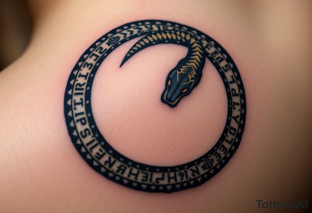 An obsidian black Ouroboros snake forming cyrcle with golden runes carved into its scales, creating a mystical, ancient feel. tattoo idea