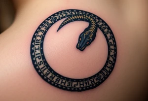 An obsidian black Ouroboros snake forming cyrcle with golden runes carved into its scales, creating a mystical, ancient feel. tattoo idea