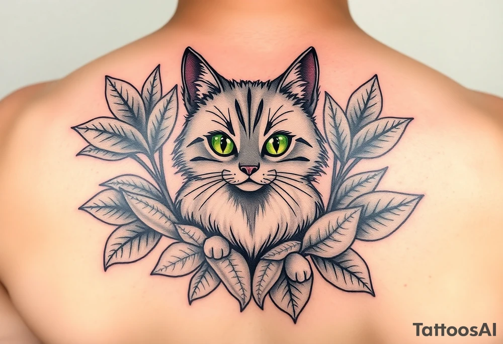 Minimalist cartoon style tattoo of along haired grey cat with green eyes surrounded buy house plants with huge green leaves tattoo idea