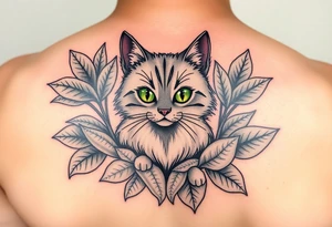Minimalist cartoon style tattoo of along haired grey cat with green eyes surrounded buy house plants with huge green leaves tattoo idea