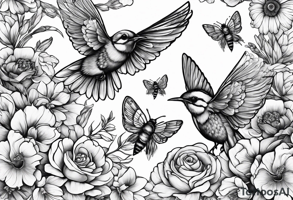 flowers bluebird bees heart shapes wrapped around an  image of vertebrate tattoo idea