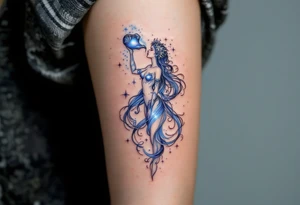 A mystical Aquarius water bearer, pouring glowing celestial water from an ornate jug, surrounded by swirling cosmic mist in shades of deep blue and silver. tattoo idea