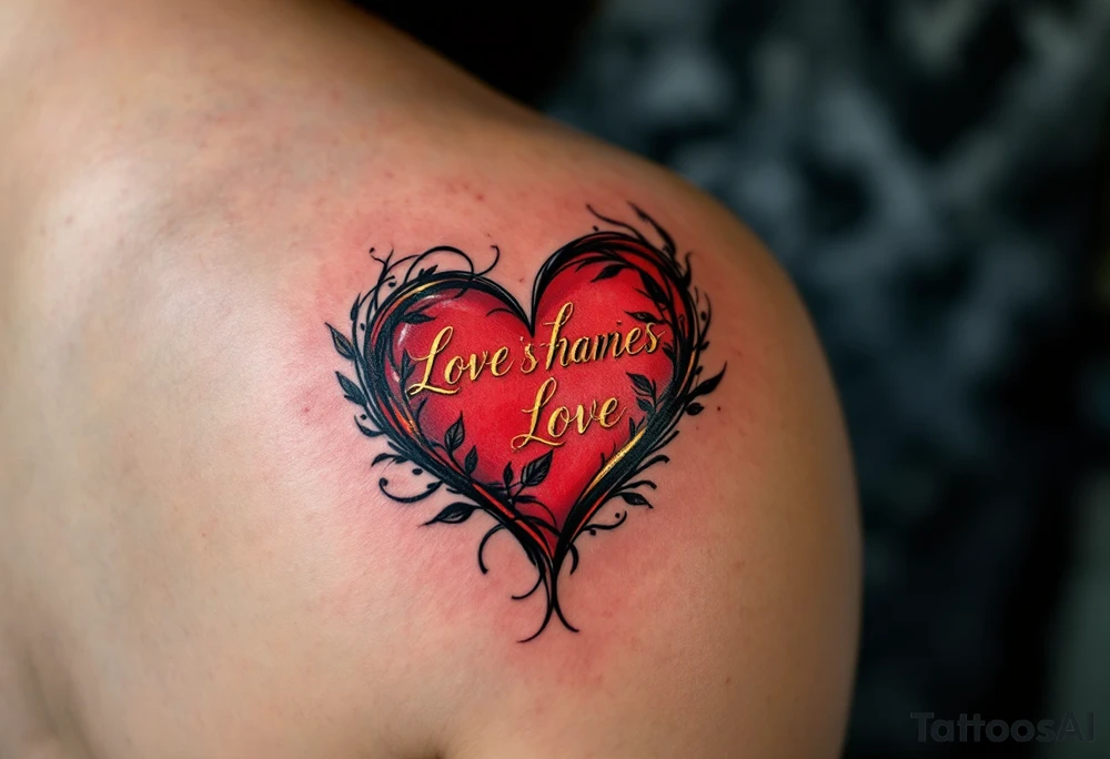 A bold red heart tattoo with the couple’s names inside, shaded with black and outlined in gold, symbolizing passionate love. tattoo idea