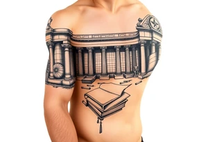 The library of Alexandria with books and scrolls of knowledge beneath tattoo idea