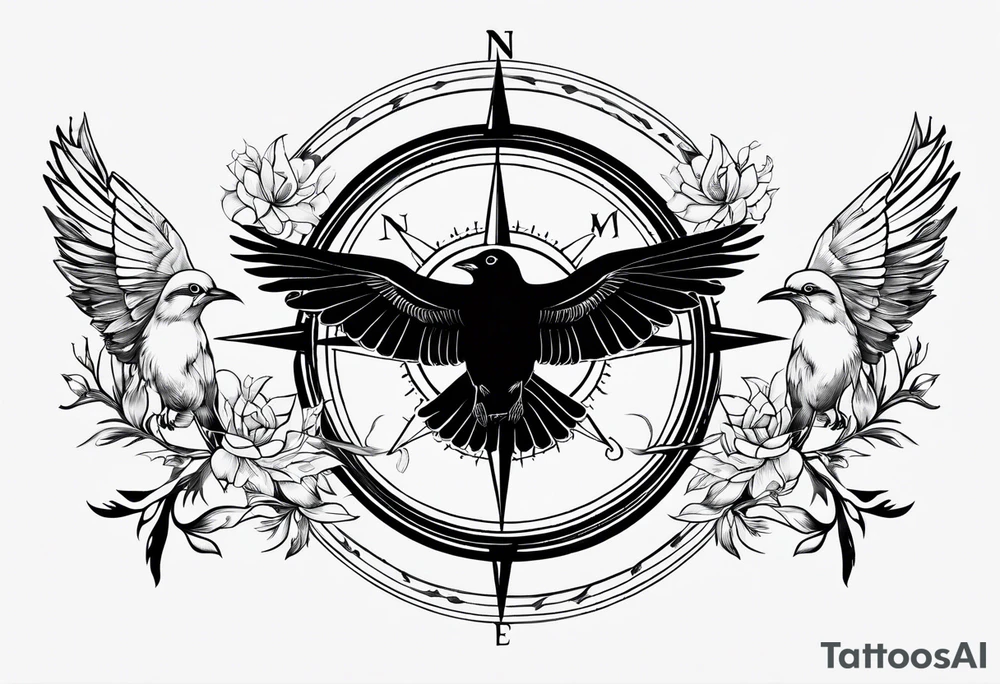 Simple compass with three black birds flying by north tattoo idea