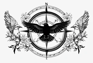 Simple compass with three black birds flying by north tattoo idea