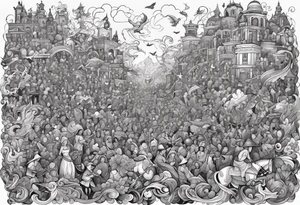 crowded liminal space full of conflicts and sticking out is a single stick figure that is locked in tattoo idea