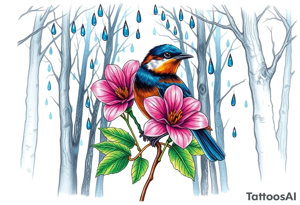 forest trees background
blue rain drops
pink camelia flower
blue and brown wren bird tattoo idea