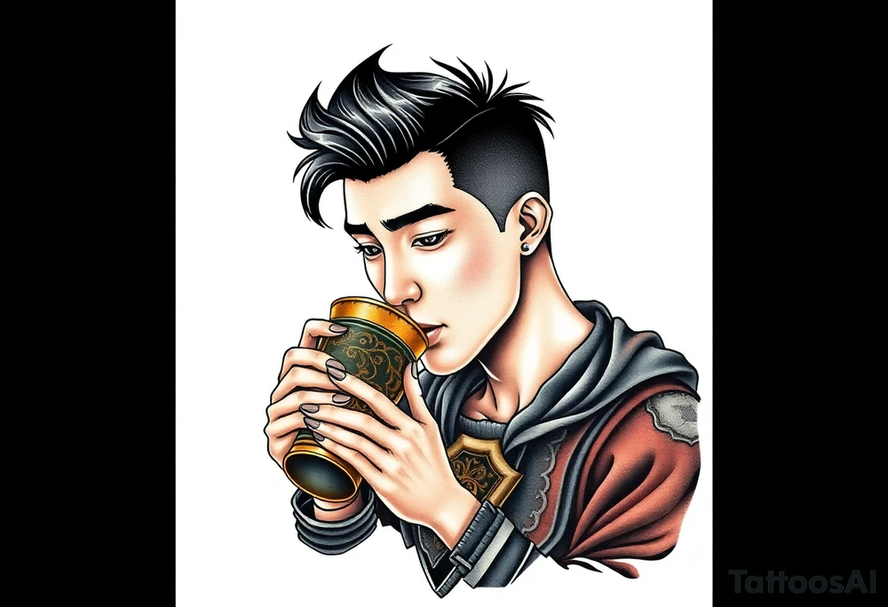 Handsome Asian young guy is drinking from medieval feast cup tattoo idea