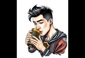 Handsome Asian young guy is drinking from medieval feast cup tattoo idea
