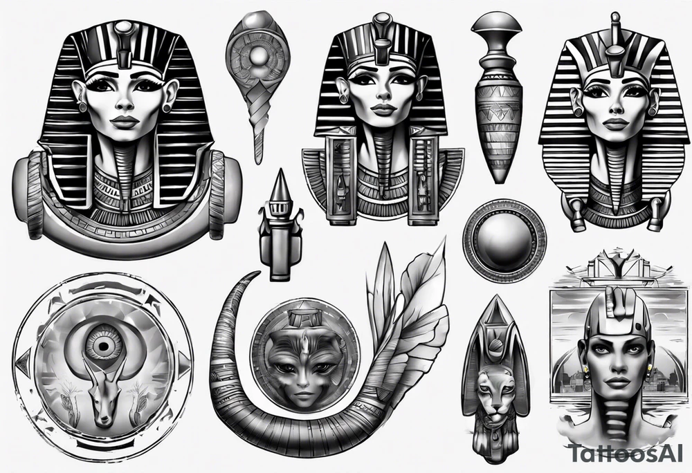 Egyptian sleeve realistic tattoo idea