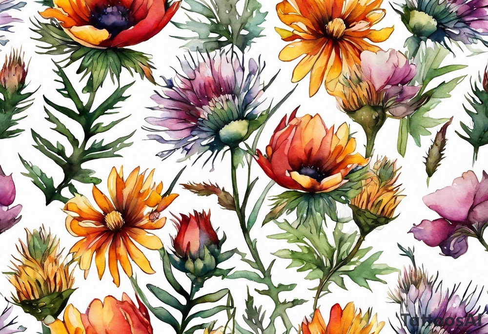 wildflowers with thistles, ferns, white flowers, pink flowers, burnt orange flowers, red flowers and yellow flowers all in watercolor tattoo idea