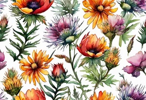 wildflowers with thistles, ferns, white flowers, pink flowers, burnt orange flowers, red flowers and yellow flowers all in watercolor tattoo idea