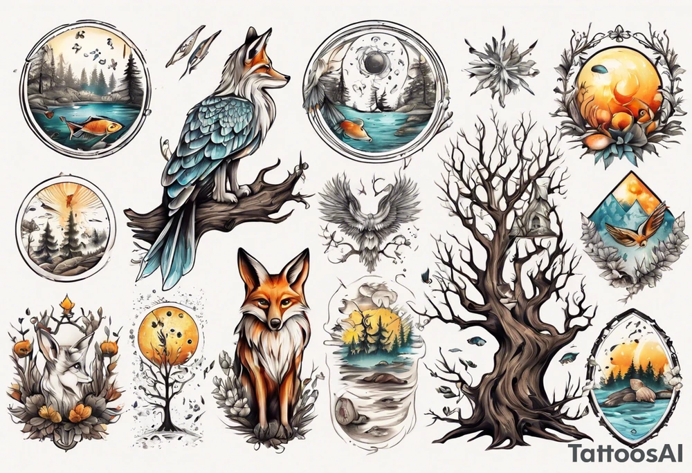 sonne, eule  wald, fuchs 
baum, sapere aude, Wasser, fisch tattoo idea