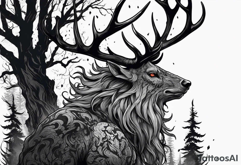 A scary terrifying horrifying rotting bone lore accurate wendigo side profile surrounded by a forest fire in background tattoo idea