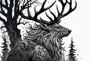 A scary terrifying horrifying rotting bone lore accurate wendigo side profile surrounded by a forest fire in background tattoo idea