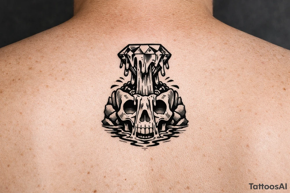 Diamond melting like a colorful waterfall running into a waterfall skull tattoo idea