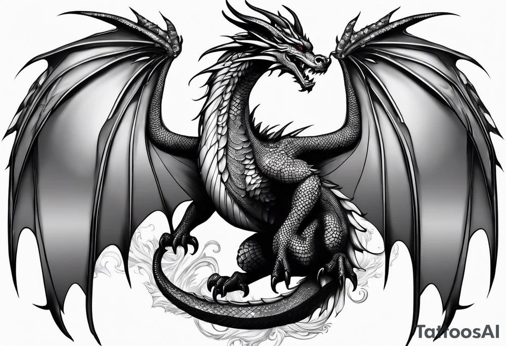 Mother dragon wings spread with 3 baby dragons tattoo idea