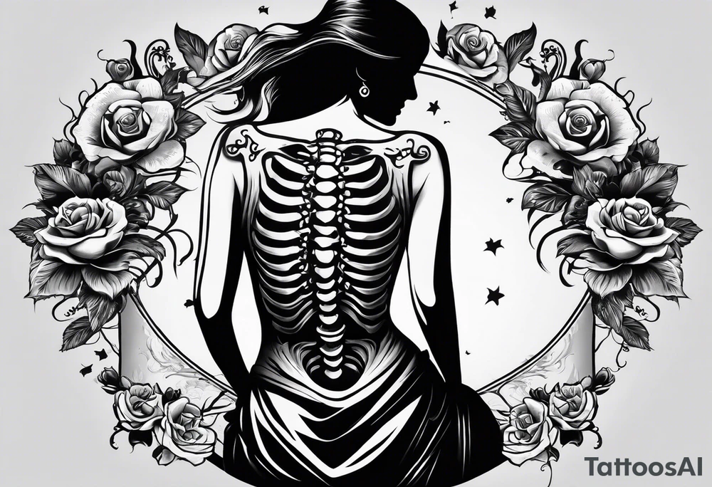 back tattoo with the word momento mori included plus two hands coming together. One skeleton the other real. would also like a sword/something similar going down my spine 

No roses or skulls tattoo idea