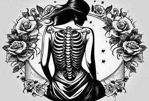 back tattoo with the word momento mori included plus two hands coming together. One skeleton the other real. would also like a sword/something similar going down my spine 

No roses or skulls tattoo idea