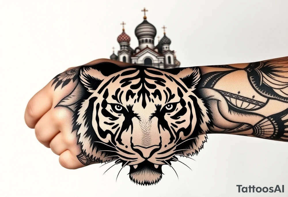 Realistic tiger face on the back of the hand with its eyes ALL black sitting beneath a Russian Orthodox cathedral sitting above on the top fore arm with onion domes and orthodox crosses. with clouds above and a virgin mary tattoo idea
